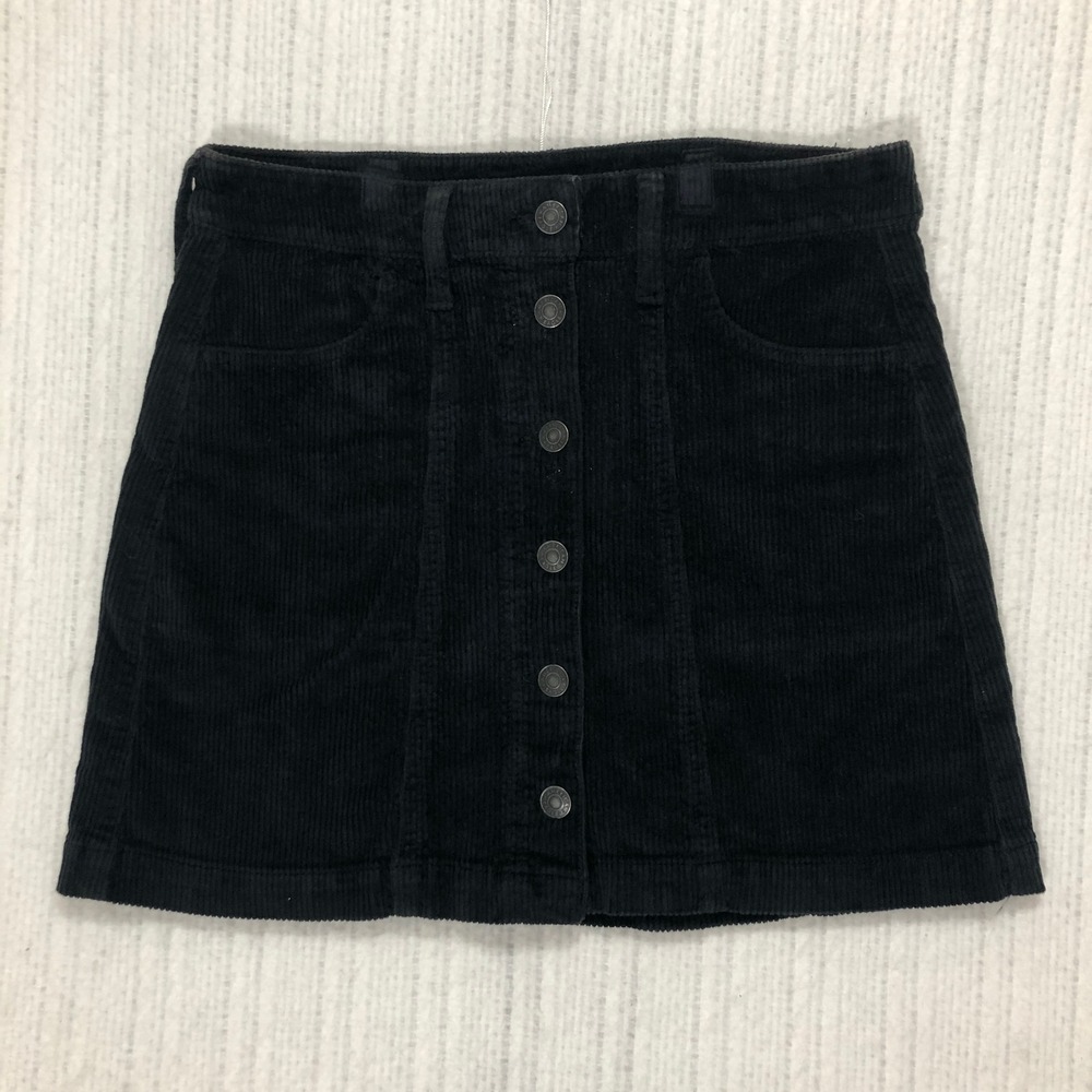 American Eagle Black Corduroy Button Front Mini Skirt Size 2 Stretch High Waist